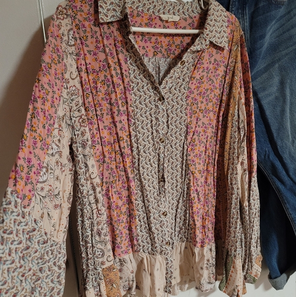 Mixed Print Boho Peplum Hem Blouse - Picture 2 of 7